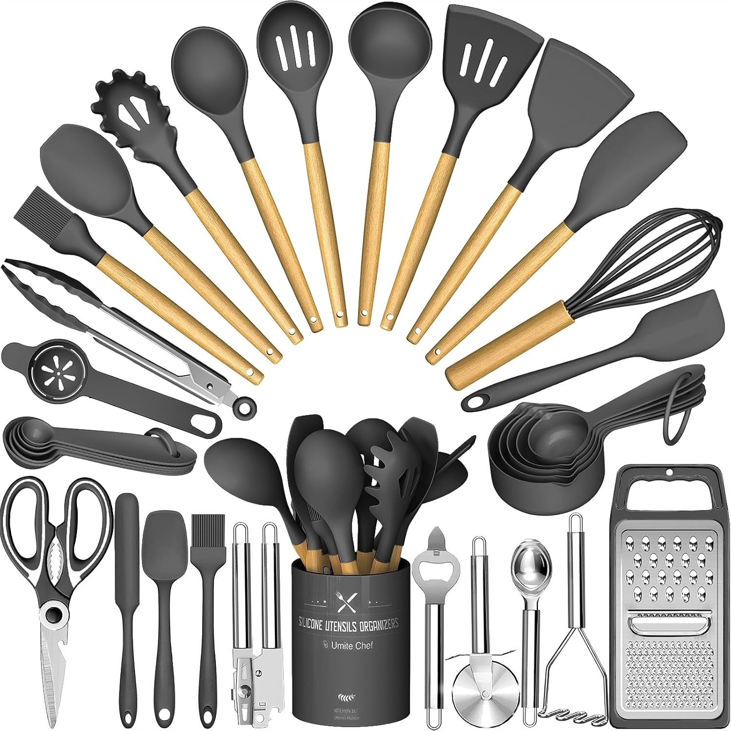 Silicone Utensil Set With Wood Handles
