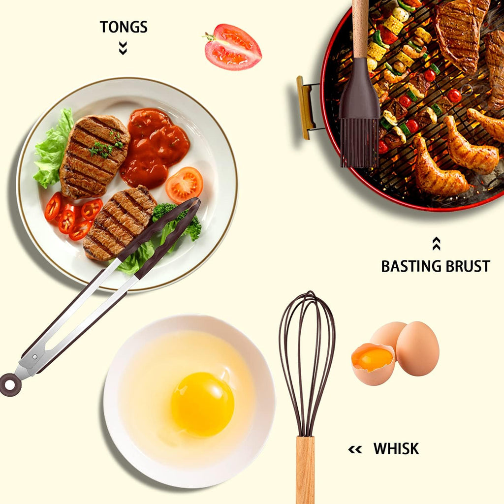 Silicone Utensils Set Wooden Handles