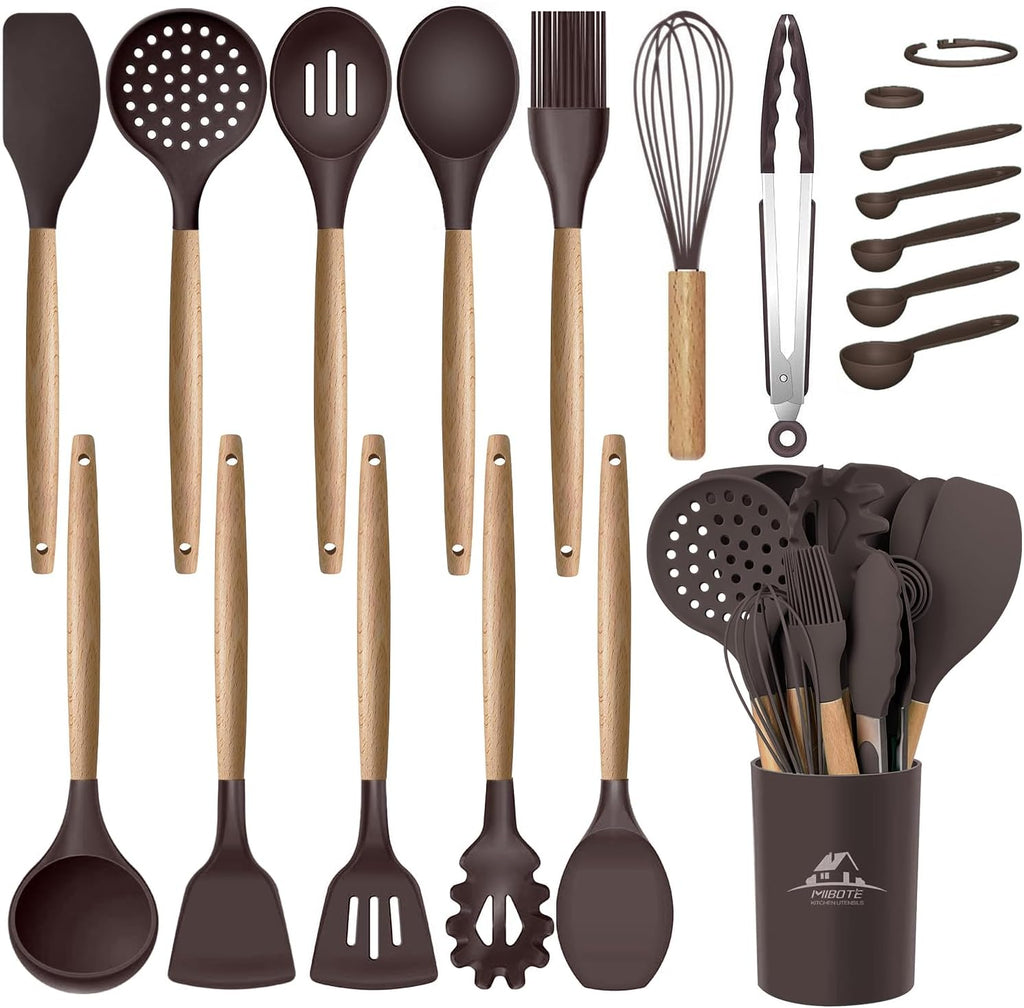 Silicone Utensils Set Wooden Handles