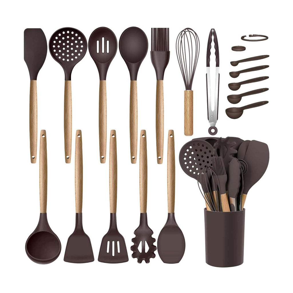 Silicone Utensils Set Wooden Handles