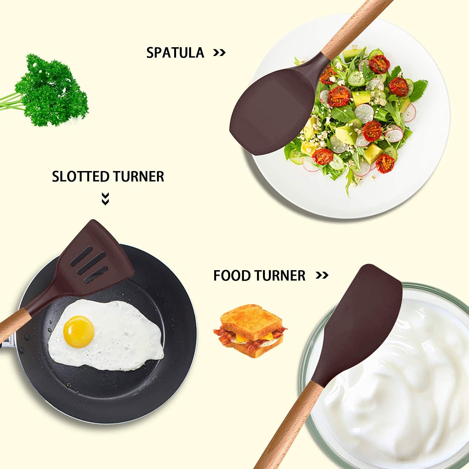 Silicone Utensils Set Wooden Handles