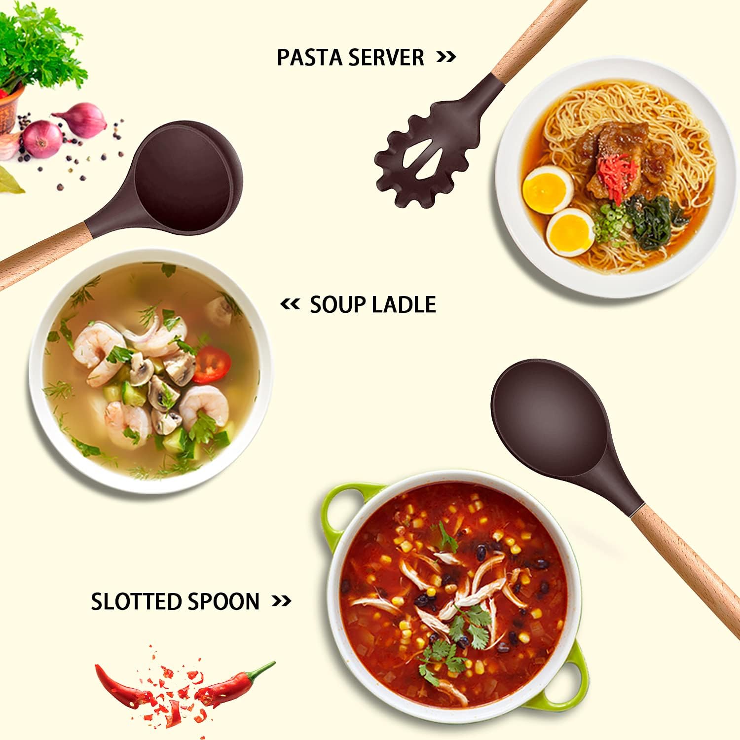 Silicone Utensils Set Wooden Handles