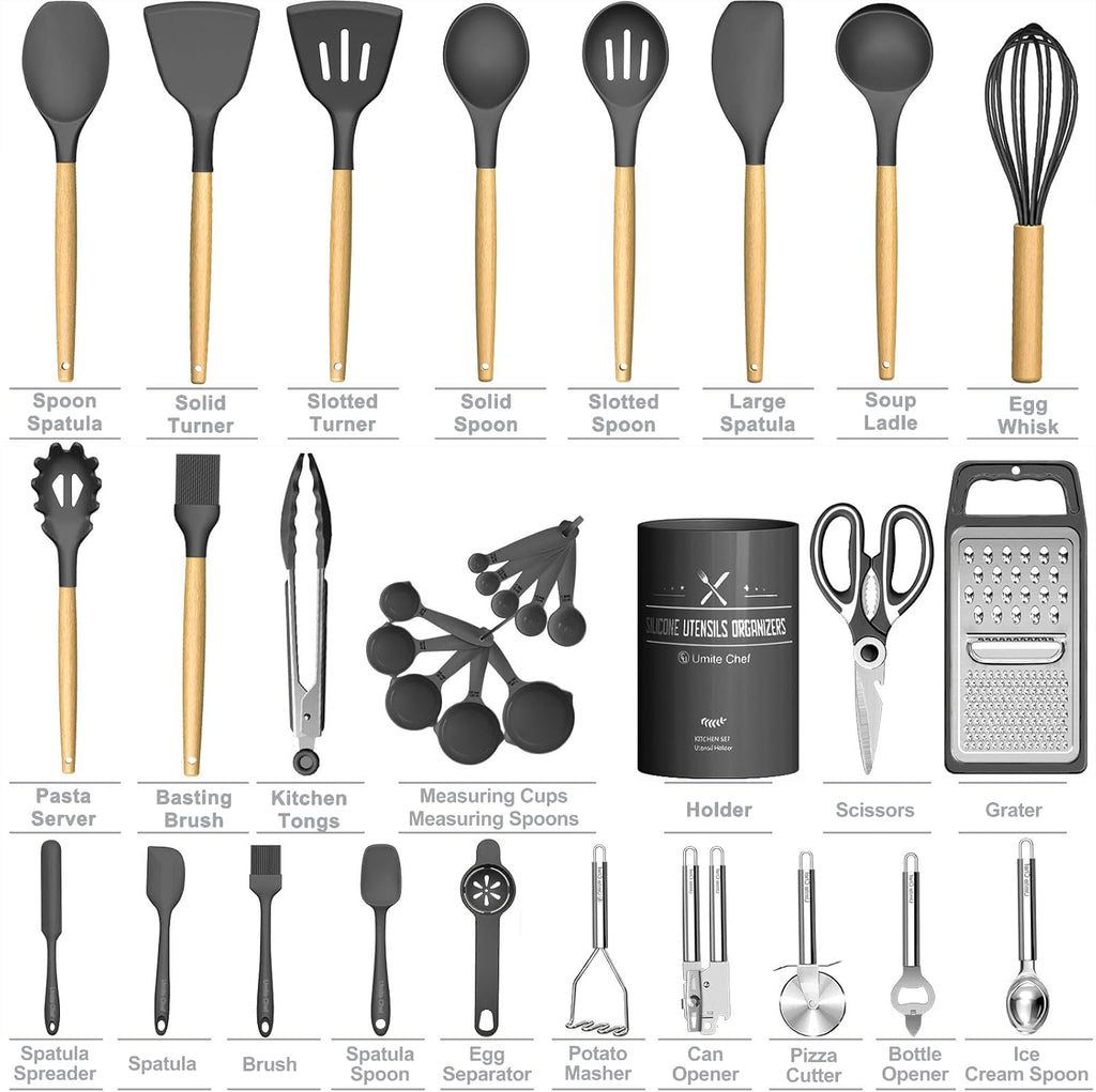 Silicone Utensil Set With Wood Handles