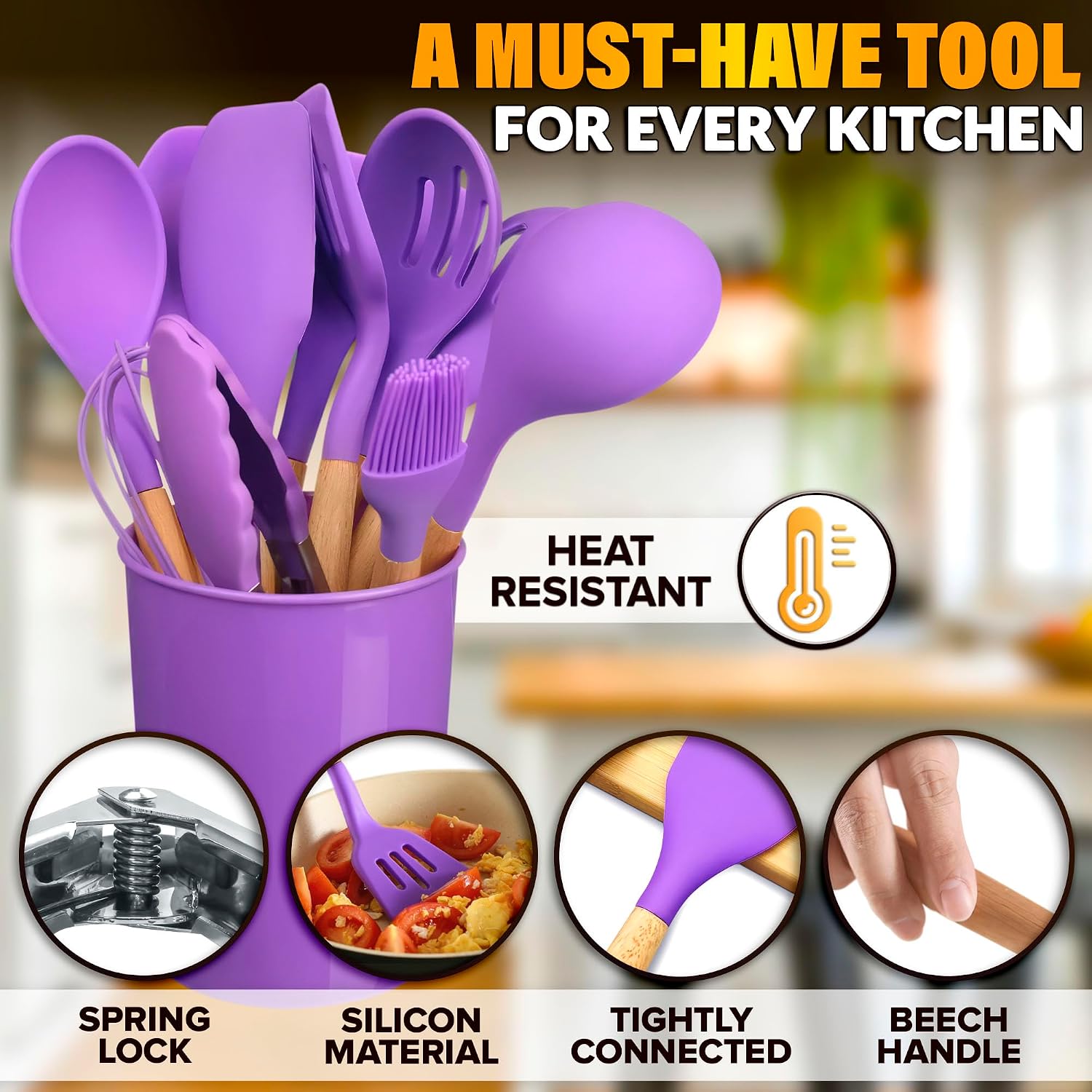 Purple Silicone Kitchen Utensils With Holder