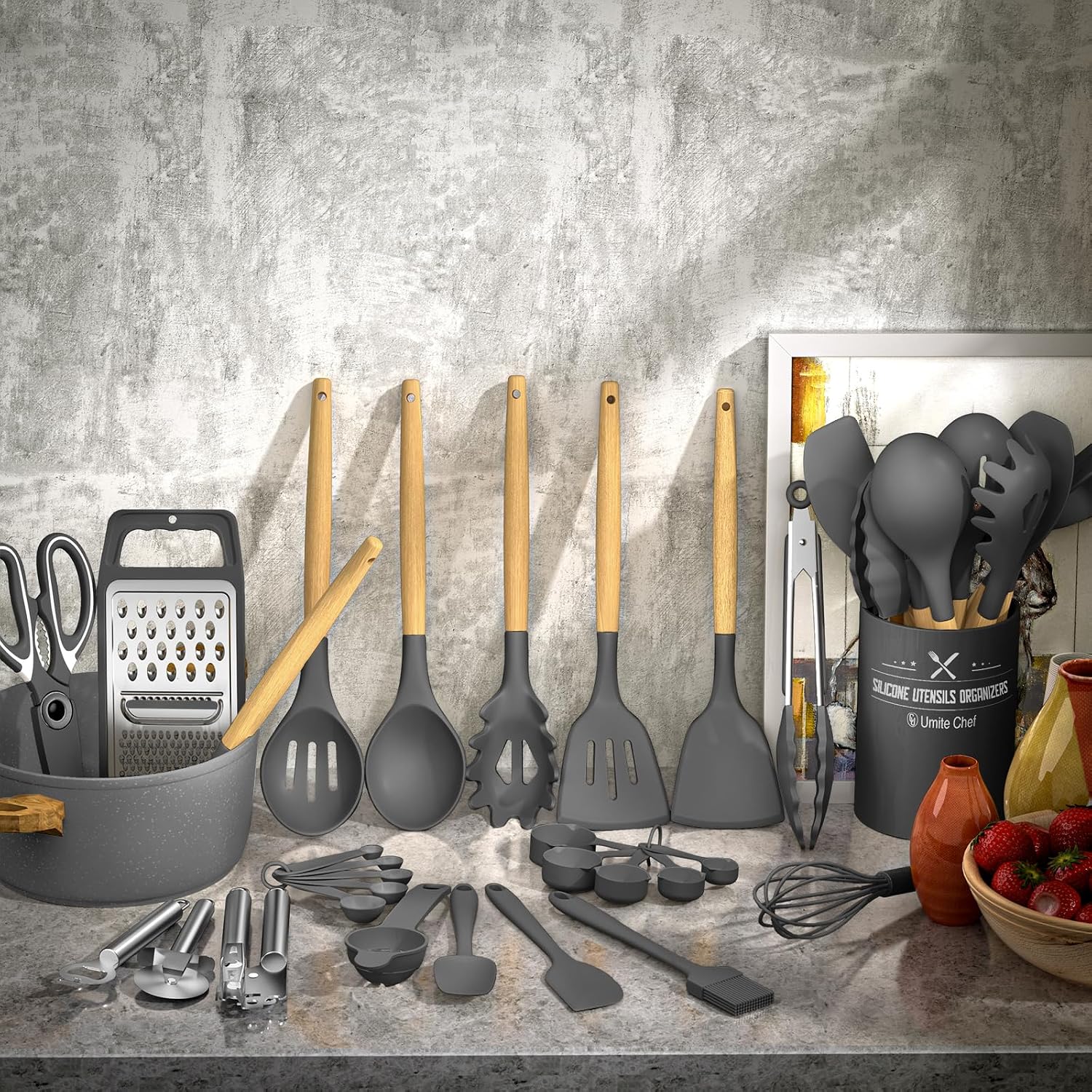Silicone Utensil Set With Wood Handles