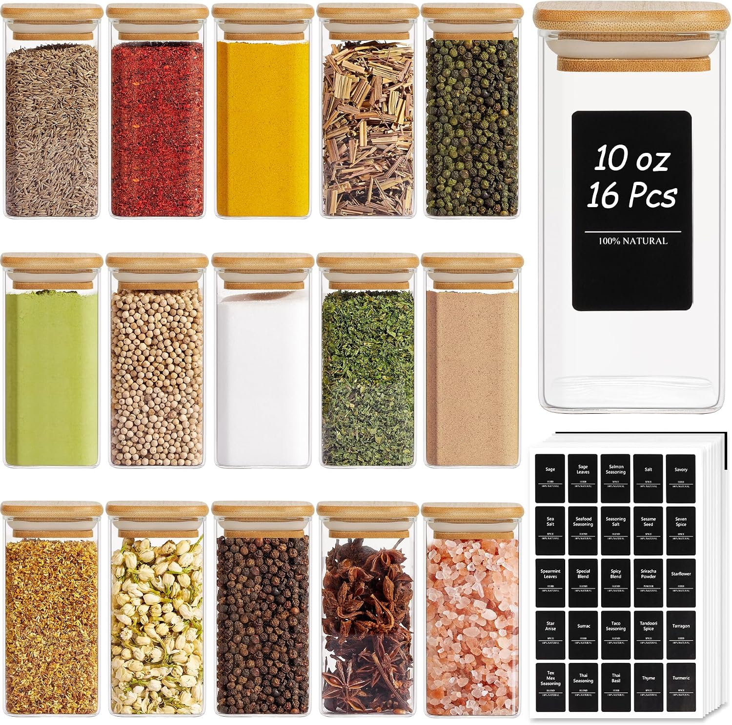 Square Glass Spice Jars Bamboo Lids